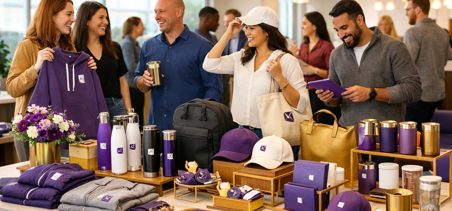 Employees engaging at a QRA branded merchandise activation